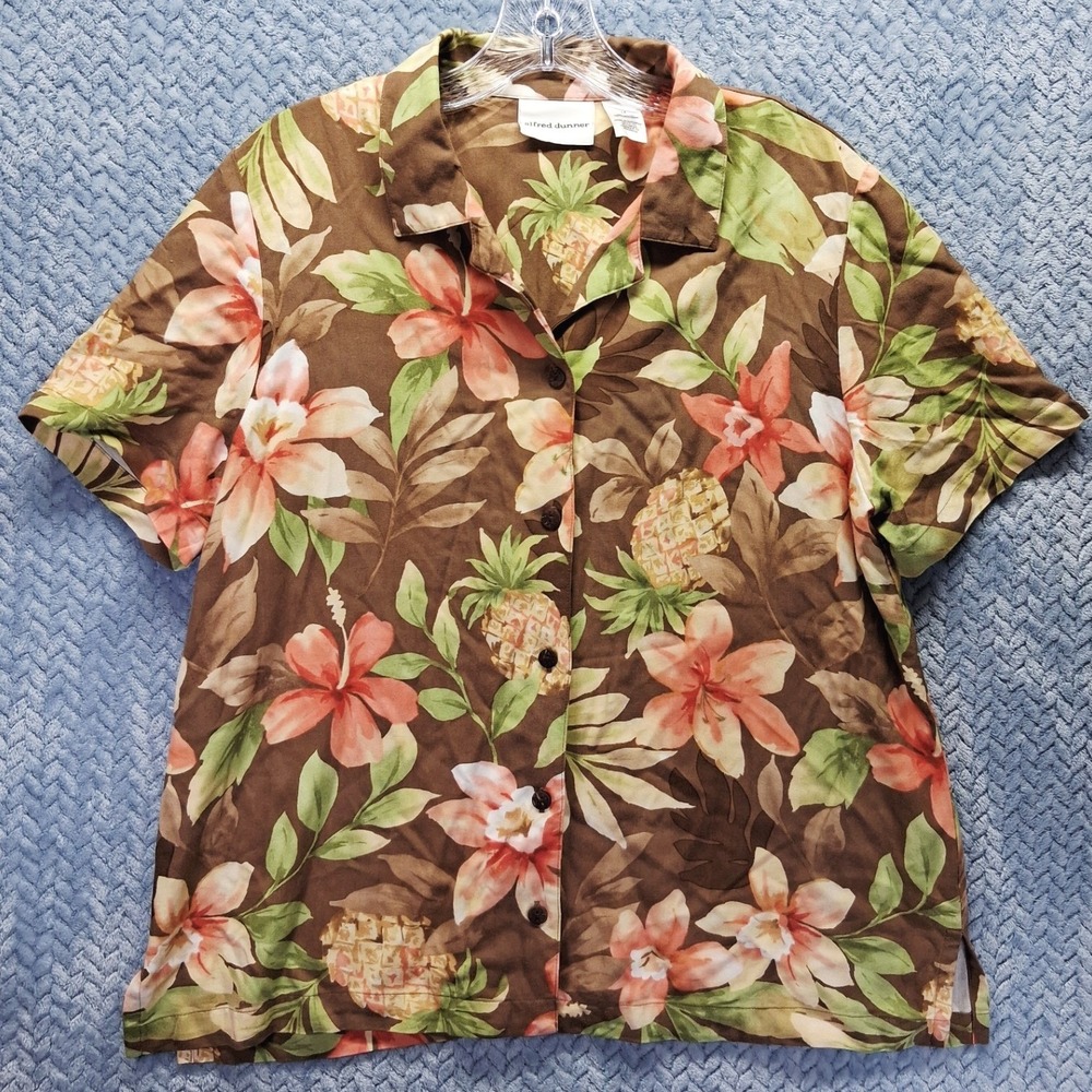 Alfred‎ Dunner Brown Tropical Hibiscus Floral Rayon Shirt Womens 14 Short Sleeve
